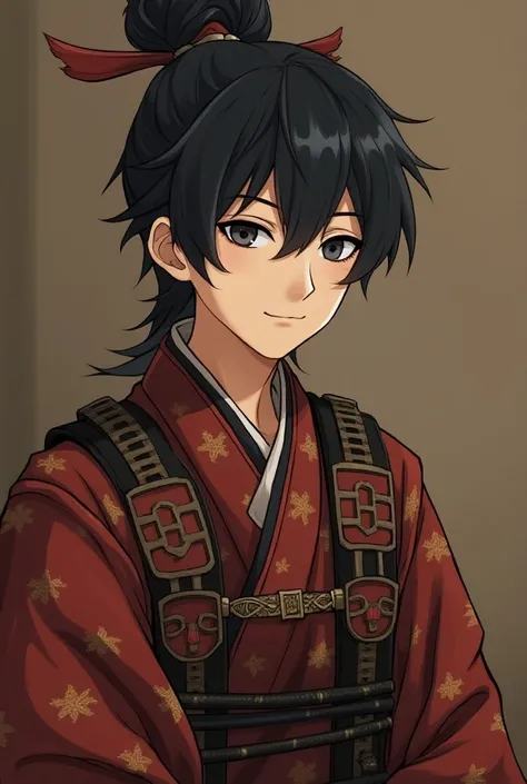   make an anime-style idiosyncratic image camera for two men named Sunny 。 wear traditional armor similar to samurai hakama Two men named Sunny who wear、 he looks in his late teens despite his age ,  he has dark hair , black pupils,  healthy ivory skin ,  ...