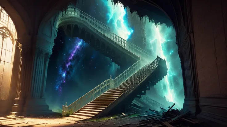 lost memory fantasy scene, open-air staircase is collapsing with galaxy surreal in the dark background