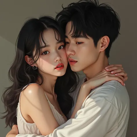 young couple, realistic, Asians , Koreans, both 22 years. she has white skin,  long black fringed hair , and gray eyes , Shes cute and has small plump lips, he has white skin, black hair and black eyes. They are hugging each other