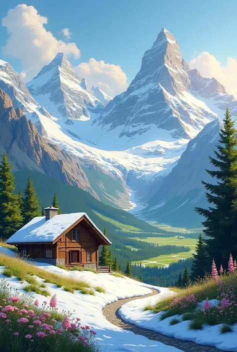 Beautiful view, mountains, snow, Time, chalet, valley, spring, oil.