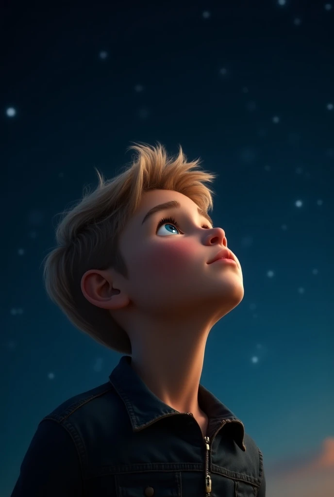 (photorealism:1.2), handsome young boy, observing the night sky, he is white, he has blonde wavy hair and blue eyes