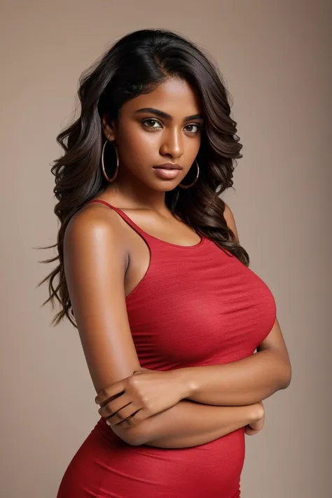 there is a woman with a red sexy top and bracelet, indian girl with brown skin, close - up studio photo, shot on canon eos r5, shot on canon eos r 5, with brown skin, with textured hair and skin, photoshoot portrait, photo from a promo shoot, promo shoot, ...