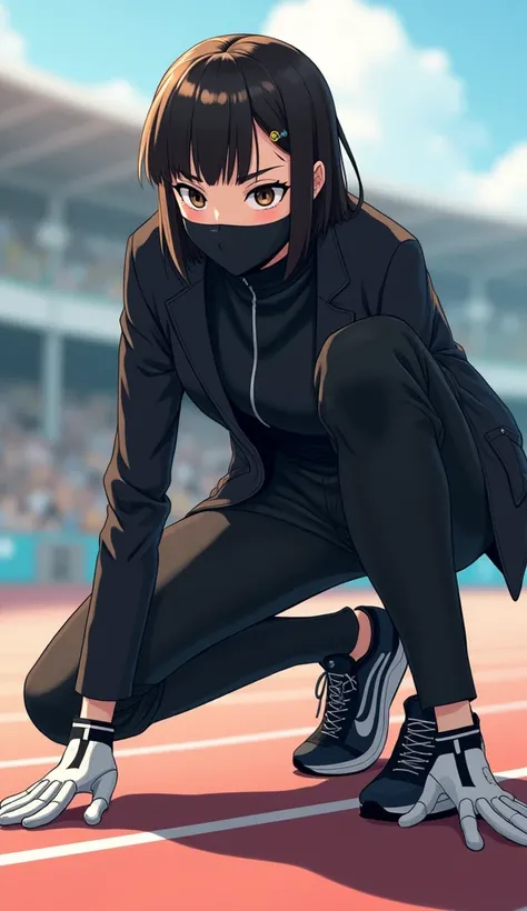  The guy is standing in a sprinter position at the start of the sprint and is getting ready to run.   He has short half-box hair , height 170 centimeters,  thin body , brown eyes.  His clothes are a black knee-length coat ,  under his coat black sports tur...