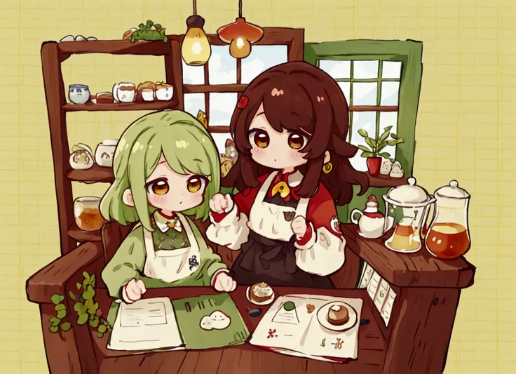 cartoon picture of a cafe There were two girls working there, one of them with short red black long hair, brown eyes, wearing yellow and green aprons and sleeves, the left hand holding a tray with tea, the right hand holding a tart holder, while the man wa...