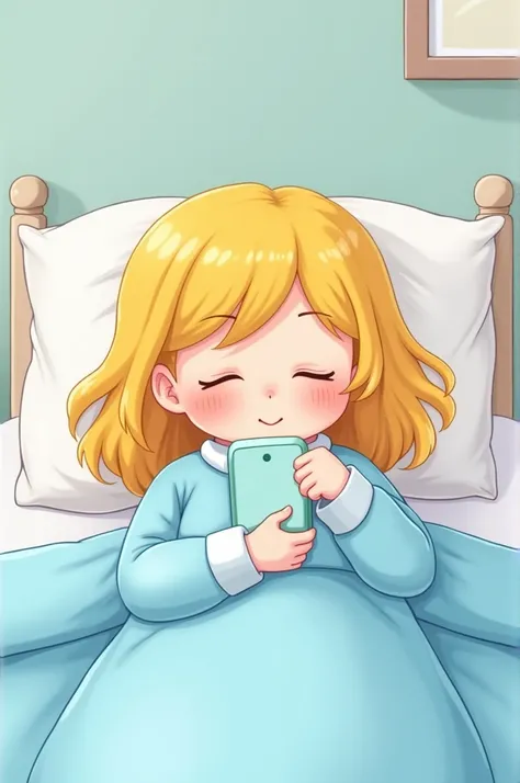 Can you generate cartoon
A girl yellow hair. Blue pajamas and white bed in bed lying and her eyes closed . Like she just turned off her phone