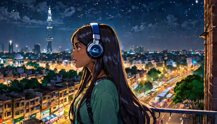 Indian woman with long hair admiring the night view of Delhi city,Streetscape、Listening to music with headphones