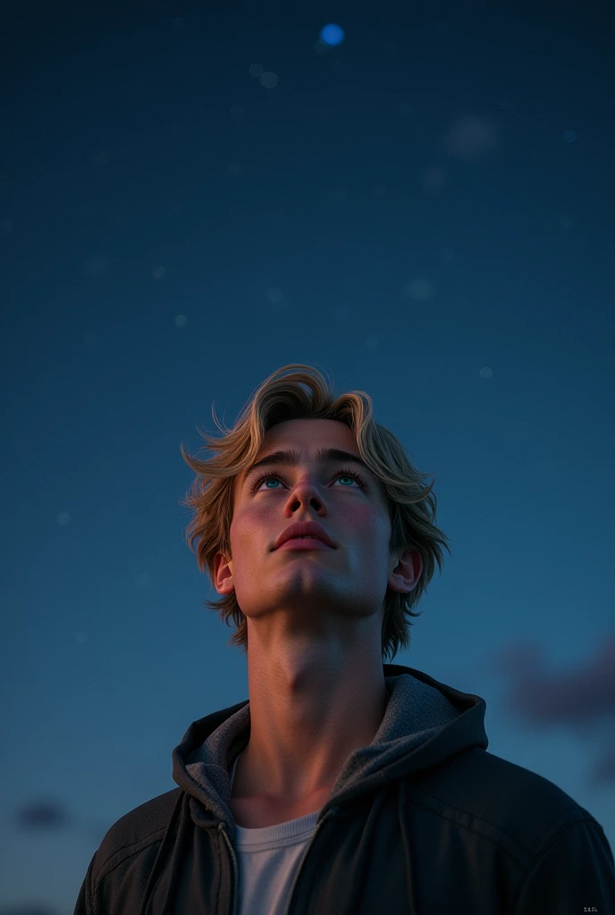 (photorealism:1.2), handsome young man, like in his 20s, observing the night sky, he is white, he has blonde little wavy hair and blue eyes