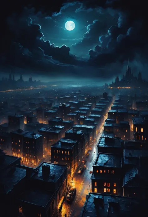 Painting of a landscape of dark night city below, dark magic, dark night, dark atmosphere, Cinematic scene, in the style of Nikola Samori