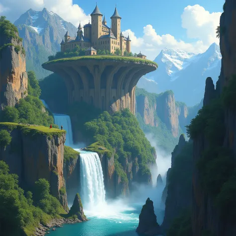 Overview Impossible waterfalls floating islands precarious balance  cliffdide-cities multilevels high fantasy Rivendell exalted ,  cascading waterfalls  , by James Gurney,  Final Fantasy , Artstation, :: overlook of Clouf Atlas scenery valley civilizations