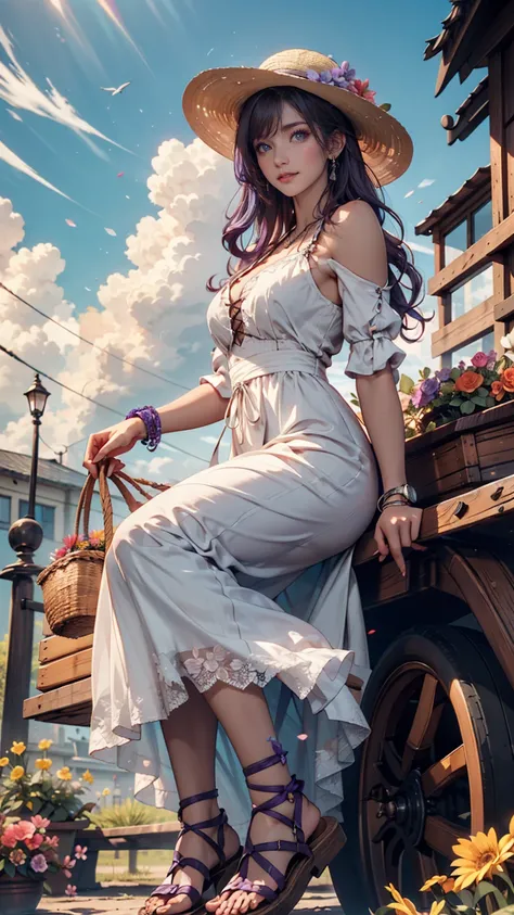  wooden wagon with flowers in full bloom 、24 year old Caucasian female、purple hair purple eye makeup 、 long lashes、 lip gloss、 semi-long hair 、 wide-brimmed straw hat with flower decoration、Summer Dresses、 Lace-Up Sandals、 silver accessory on the wrist 、bl...