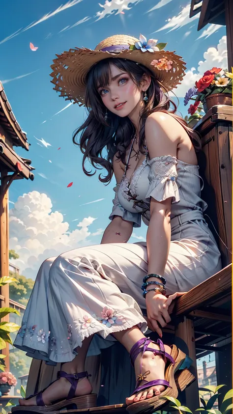  wooden wagon with flowers in full bloom 、24 year old Caucasian female、purple hair purple eye makeup 、 long lashes、 lip gloss、 semi-long hair 、 wide-brimmed straw hat with flower decoration、Summer Dresses、 Lace-Up Sandals、 silver accessory on the wrist 、bl...