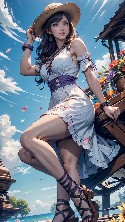  wooden wagon with flowers in full bloom 、24 year old Caucasian female、purple hair purple eye makeup 、 long lashes、 lip gloss、 semi-long hair 、 wide-brimmed straw hat with flower decoration、Summer Dresses、 Lace-Up Sandals、 silver accessory on the wrist 、bl...