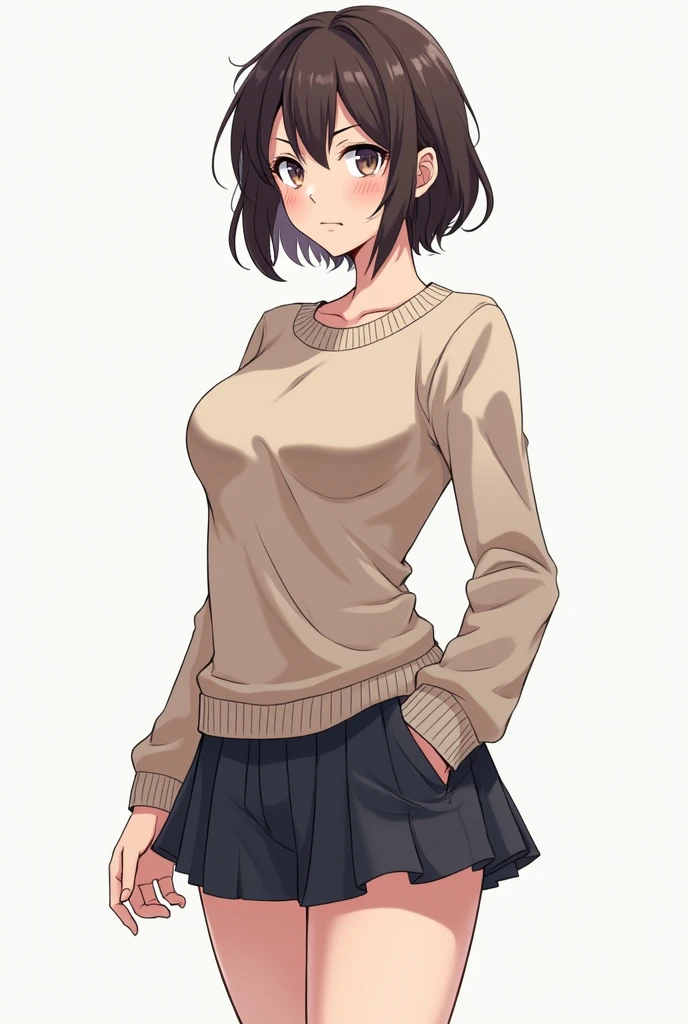 Pretty, short haired around 18 years old with a mature figure girl, wearing a sleeved sweater and a short skirt, she has a serious look on her face in a manga style full body