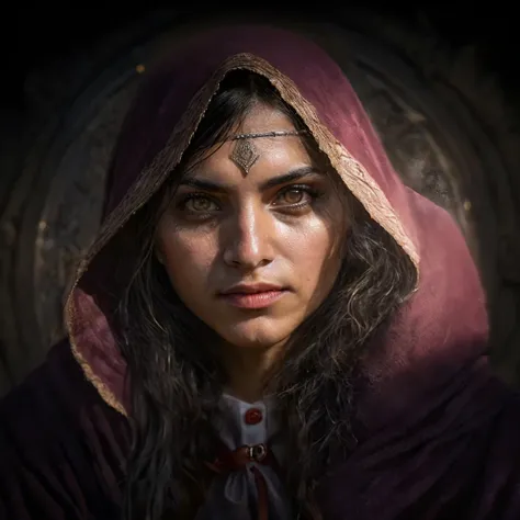 (masterpiece)+, (extremely (realistic)+,a portrait of an young gipsy girl with black hair dressed in ethnic mage robes over white blouse, tan skin, black eyes, Front photo. Looking in camera. volumetrics dtx, Photorealistic, ultra detailed, Artstation tren...