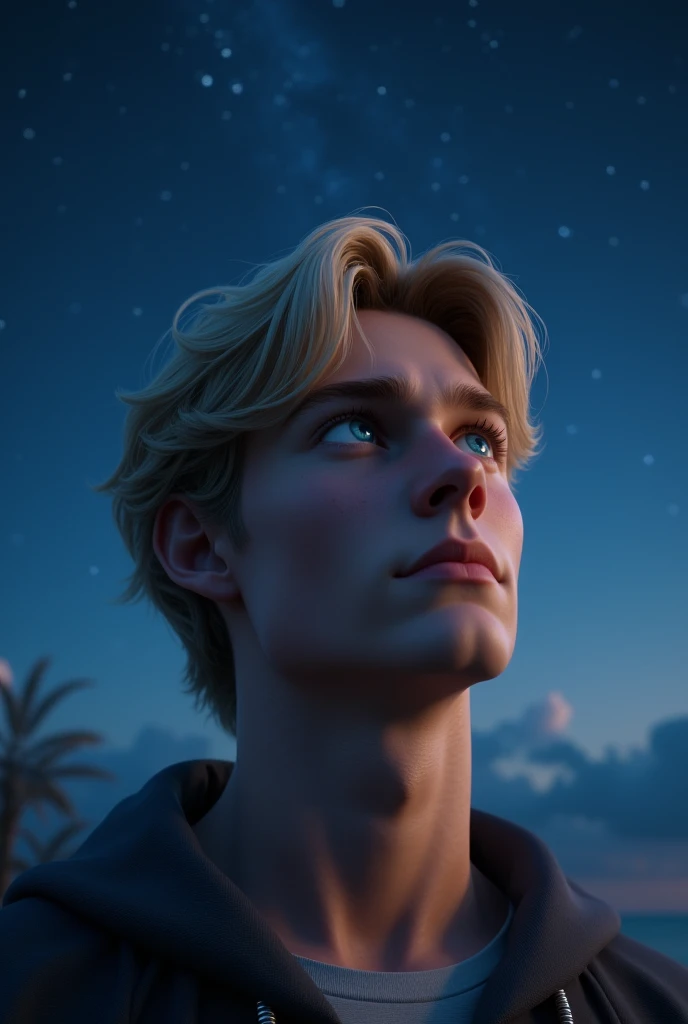 (photorealism:1.2), handsome young man, like in his teenage, observing the night sky, he is white, he has blonde and a little long hair and blue eyes