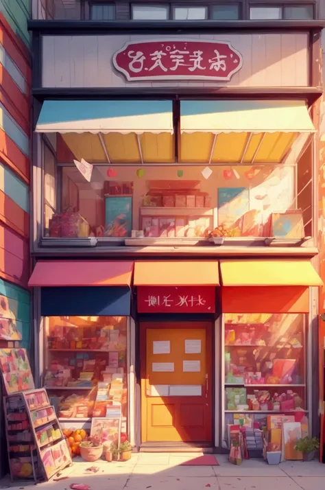 The front of the store, flat, full of goods, fruits of various colors, cute pictures, rich colors, piles of objects, signs, lines::2 , illustration feeling, super clear painting style，colorful