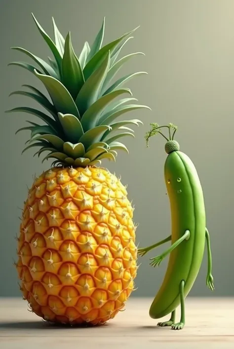 One pineapple and a green bean talking to each other  realistically 