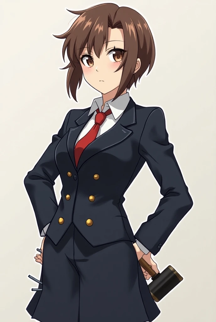 Anime girl with short, brown hair styled in a bob cut with jagged ends and side-swept bangs framing her face, which highlights her sharp, expressive brown eyes. Her facial features convey confidence and determination, often accentuated by a direct, asserti...