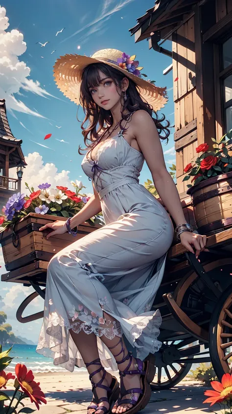  wooden wagon with flowers in full bloom 、24 year old Caucasian female、purple hair purple eye makeup 、 long lashes、 lip gloss、 semi-long hair 、 wide-brimmed straw hat with flower decoration、Summer Dresses、 Lace-Up Sandals、 silver accessory on the wrist 、bl...