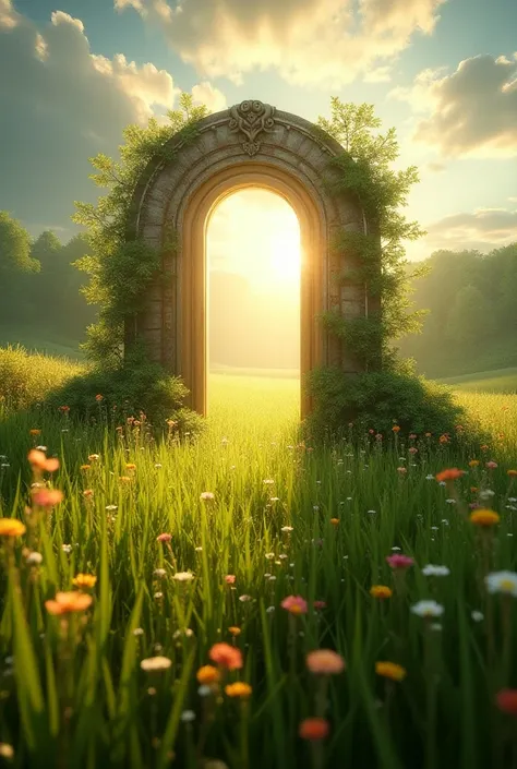 A field with a gentle breeze, a shining door that suddenly appears, and a glimpse of another dimension beyond the door,