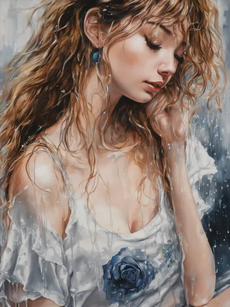 Low detail, 8k, 1 beautiful girl, (manga,realistic), (oil painting painted in dripping technique), upper body, t-shirt,masterpiece