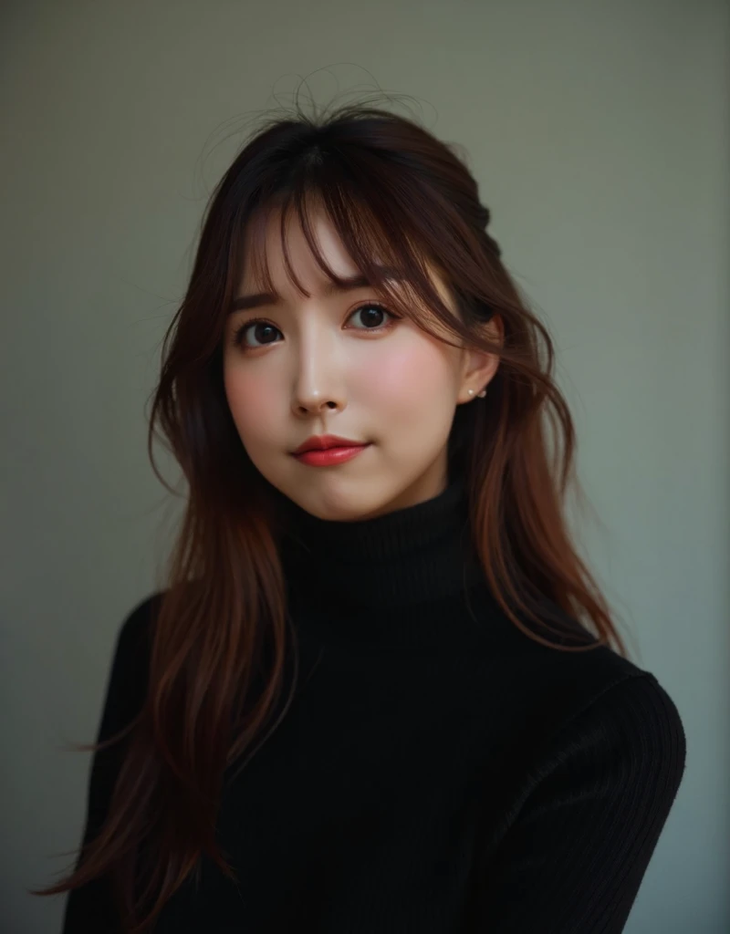 1girl, studio, headshot, medium shot, black turtleneck, dark auburn hair, long hair, bangs, asian
