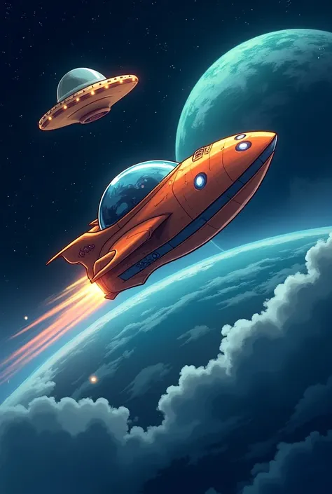 A probe that plunges from Earth into space has a UFO as a cartoon image