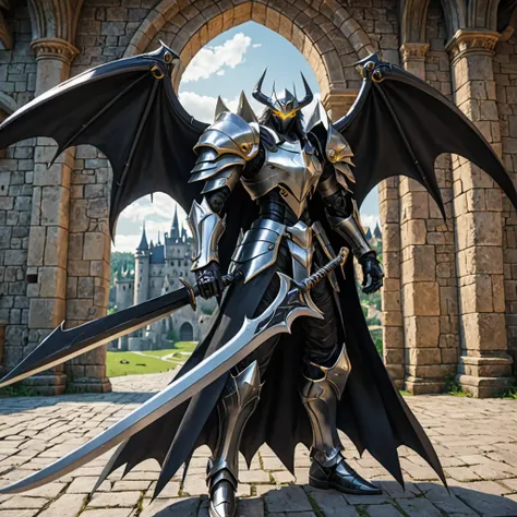 a boy, sillver long hair, beautiyful face, have a big mysterious Deathscythe, game character ,  , 8k, in a large castle Just before attacking, realistic