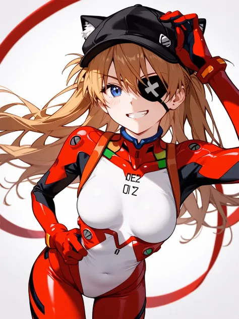  pixib 3DCG , Sexy anime style,     anatomically accurate, Super detailed,     High image quality    , 4K、  Neon Genesis Evangelion: New Movie、 Shikinami Asuka Langley、Red plug suit、Eye patch、(Cat hat、black)、Clear style、smile、 posing 