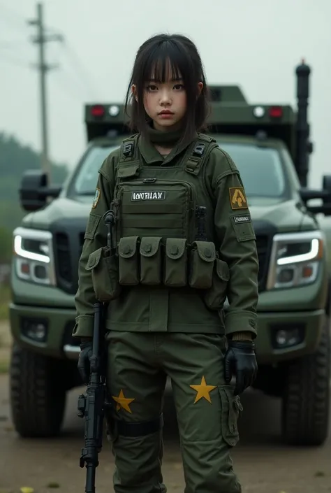 ultra-realistic, photorealistic, dramatic scene, shadow, global-illumination, solo, (20 years old Japanese famous idol girl:1.5), very beautiful fragile Japanese girl, very beautiful with very cute but boyish cool face, she is army soldier, she is fully eq...