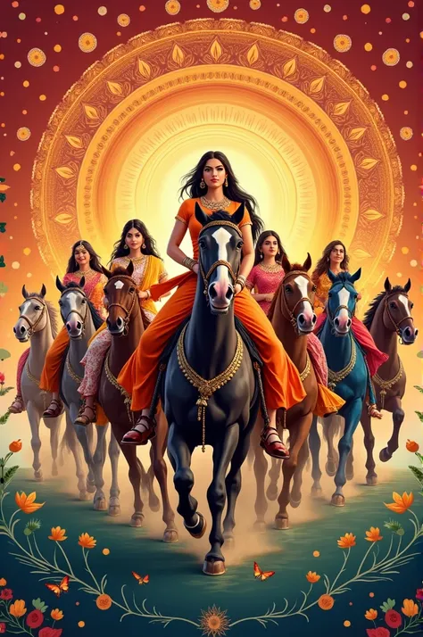 indian entertainment names  page unique logo create which reflect indian ladies with 7 horses, best quality，8k，high resolution，masterpiece,