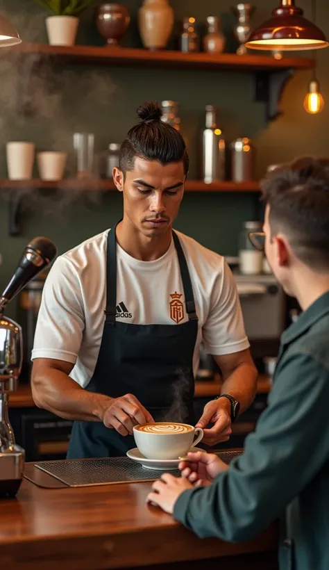 Generate a hyper-realistic image of Ronaldo, wearing his team football jersey, expertly preparing a cup of coffee as a barista in a cozy, vintage-style cafe. The scene should capture fine details like the coffee machine, latte art in the cup, the focused e...