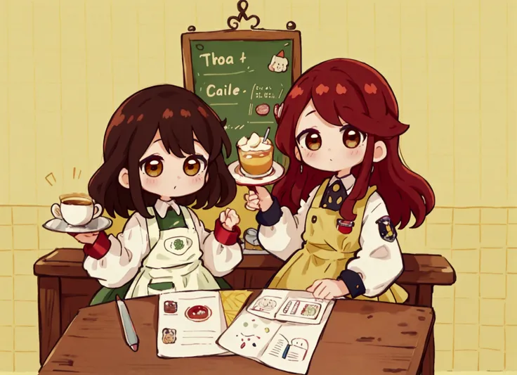 cartoon picture of a cafe There were two girls working there, one of them with short red black long hair, brown eyes, wearing yellow and green aprons and sleeves, the left hand holding a tray with tea, the right hand holding a tart holder, while the man wa...