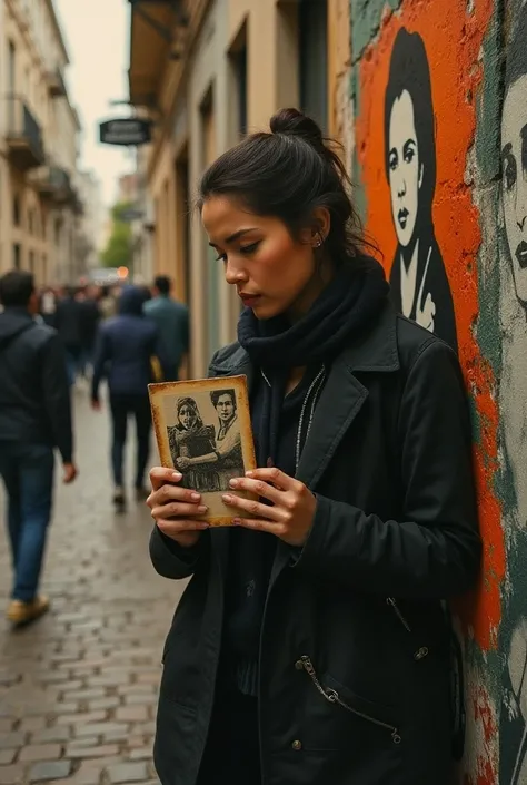 oil painting. woman on a cobblestone Buenos Aires street, blurred pedestrians rush around her, holding a worn photograph. walls layered in Banksy-inspired stencils with Buenos Aires murals, hints of tango dancers, faded family figures in graffiti. deep foc...