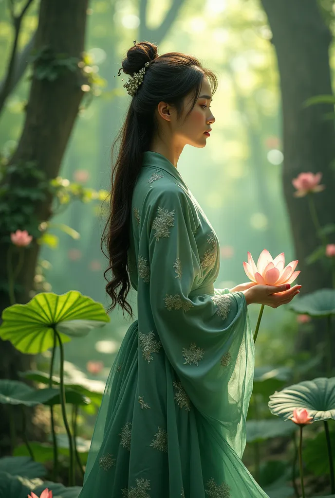 "an elegant asian woman with long flowing hair stands in a lush forest, dressed in a flowing silk robe adorned with delicate flo...