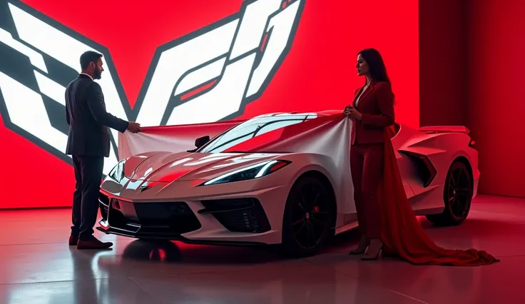 A sleek, (navy blue)2025  Chevrolet corvette stingray c8 car is being unveiled at a grand event. A man in a suit is pulling a red and white cloth off the car, while a sexy woman in a red shirt jacket stands beside him, smiling. The background features a la...