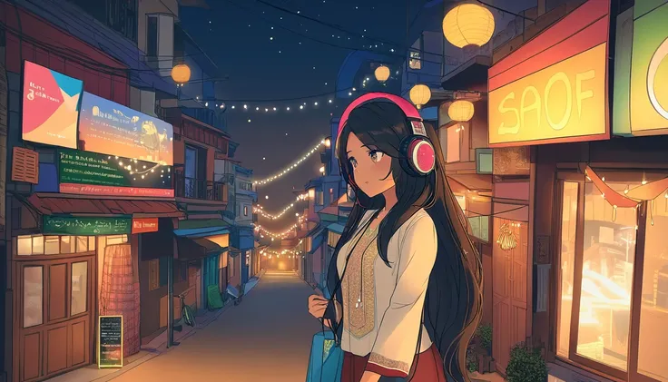 Indian woman with long hair looking at night view of India,Streetscape、Listening to music with headphones