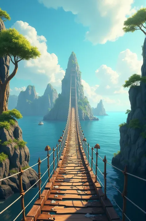 In cinematic 3d cartun style "The bridge is halfway built, stretching towards the horizon, leading to the island of Lanka.