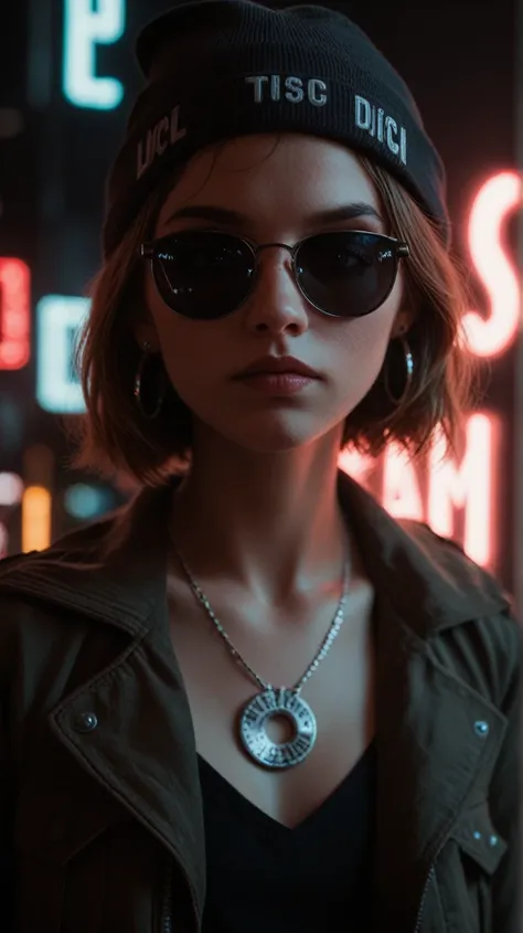 Face close up, alternative girl, watching over black sunglasses, jacket, necklace, neon light reflections on skin, ear ring, makeup, skin imperfection, short hair, beanie, neon lights background, low light, depth of field, highly detailed, high contrast, f...