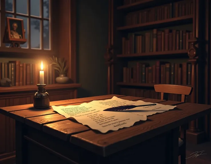 A cozy, dimly lit study filled with books and a large wooden desk, where an old-fashioned quill pen rests in an ink bottle. Sheets of parchment are scattered across the desk, some with poetic verses. A soft glow from a nearby candle illuminates the scene, ...