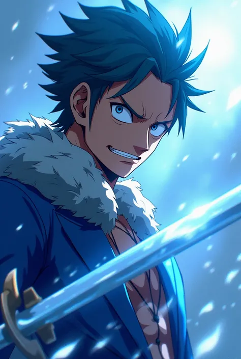  in a blue and white background 、 close-up of a person with a sword ,  The Artwork is a Masterpiece ：Okada Yoneyama,  trending on pixiv , What is it?？, From 1 piece, Luffy Gear 5 ,  The Epic Anime of Energy Man , Official Art, high detailed Official Artwor...