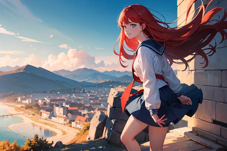 Women　student　 with long light red hair 　Blue Eyes　Casual wear　smile　Im on a hill in a different world town 　 and a spectacular view spreads out from there　 strong winds are blowing 