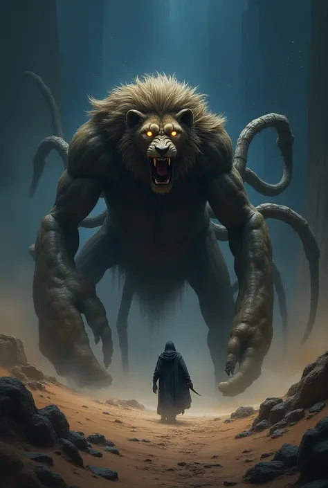 : A colossal lion with the venomous tail of a scorpion, facing off against a shadowy adversary in the heart of a desert. The night is cold, and the ground trembles beneath the lion’s powerful roar. 