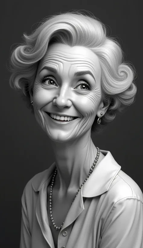 grandfather, Miss, Short gray hair,  black and white , illustration, Smile, woman, grandmother, Miss,  realistic, Unreal, 