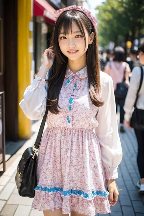  idol ,Long Hair , straight hair, Round face , bust up ,smile, A cute pink ribbon dress mainly in pink and pastel colors is paired with a colorful bag with character prints, and the whole thing is pop and cute with ribbons, frills, and character goods.The ...