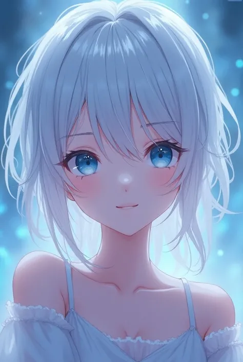 Anime style, beautiful soft glass-like coloring, blurred background, artistic lighting, artistically disheveled white ether neon hair, semi-long hair, light blue ether neon eyes, mainline, gentle smiling artistic figure face; up; mature 20-year-old woman; ...