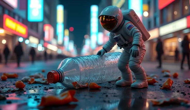 (masterpiece, best quality:1.2),
(8K, ultra-detailed, hyper-detailed, RAW photo quality, Unreal Engine rendering:1.3),
(view of a bustling nighttime city street with neon lights and moving pedestrians in the background, while a tiny astronaut is dwarfed by...