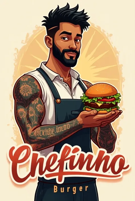 Brown-skinned hamburger restaurant logo ,  with a small and thin beard black hair , With just 1 arm all full of tattoos, Young,  skinny with hamburger in hand spelled name Chefinho Burger  