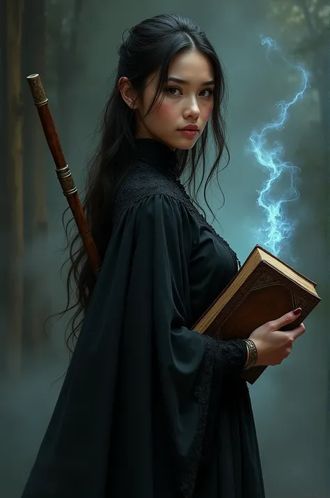 Can you make a half body girl holding a wand behind her back she wearing black clothes when her wand glow on her next hand you see holding a book all you can shes she back