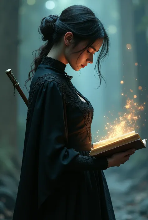 Can you make a showing her  half body girl holding a wand behind her back she wearing black clothes when her wand glow on her next hand you see holding a book all you can shes she back